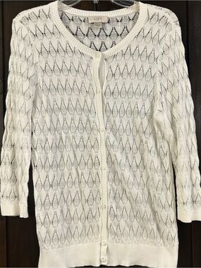 LOFT white pointelle knit button-up cardigan sweater Sz L
